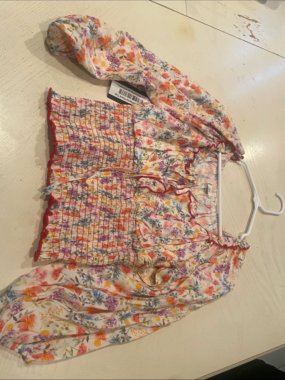 Floral Smocked Peasant Blouse - White Multi